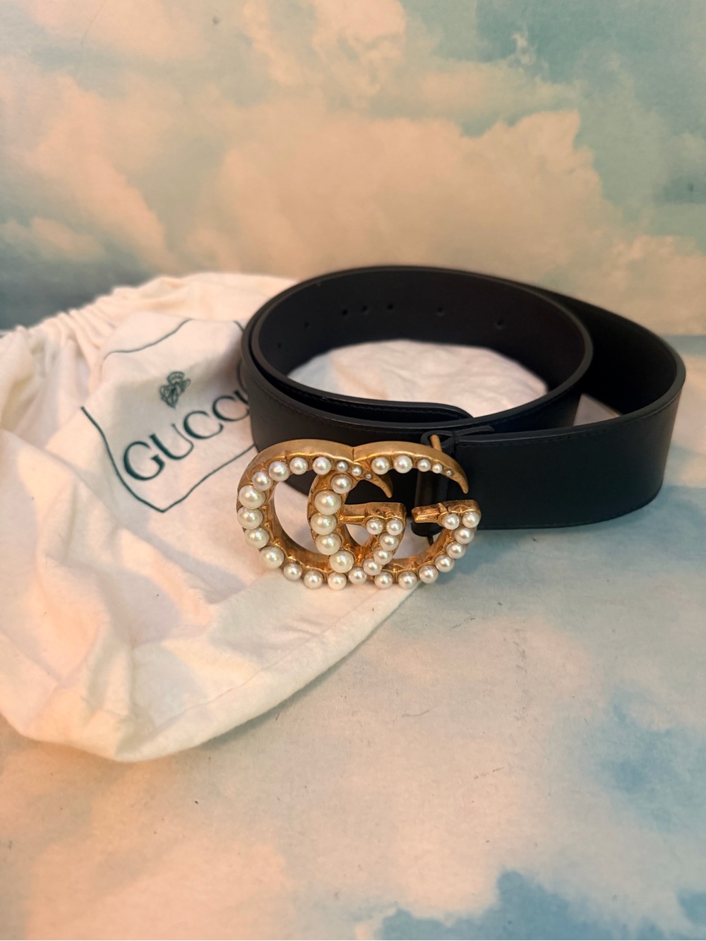 Gucci Black Leather Belt 85 cm 34 in Gold Tone GG Marmont Pearl Buckle